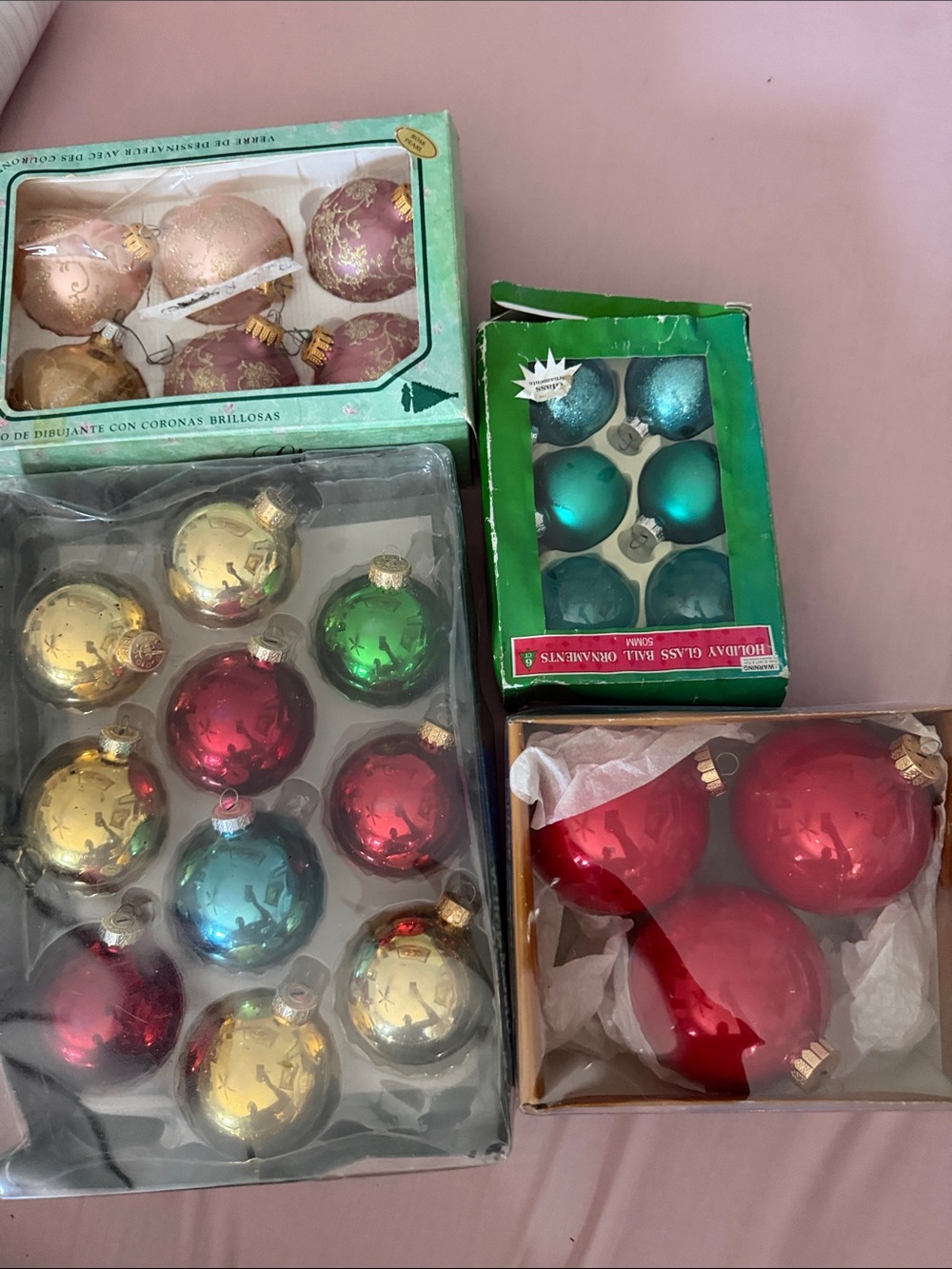 Assorted Holiday Glass Ornament Set - Red, Gold, Green, Teal, Rose